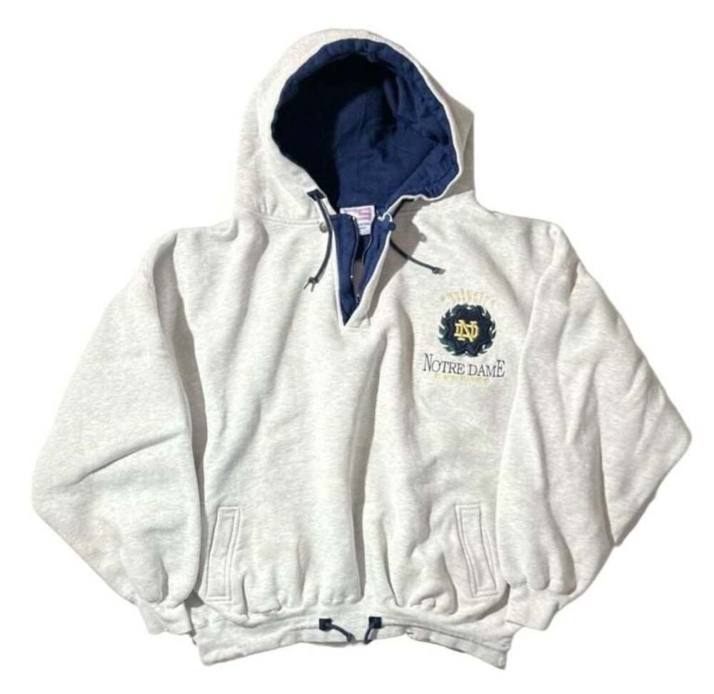 VTG 90s Crable Sportswear Collegiate Notre Dame Half Zip Hoodie Grey Men’s XL